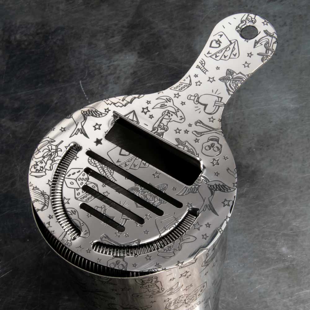 Juego de Cóctel de 5 Piezas de Acero Inoxidable Tattoo: Coctelera Tin on Tin, Medidor, Cuchara y Colador de Hojalata
