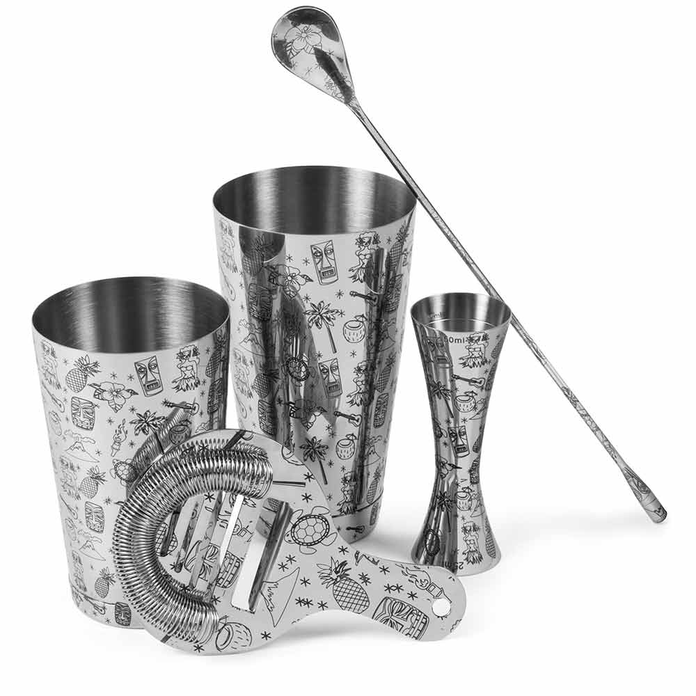 Set da cocktail Tin-on-Tin Tiki in acciaio inossidabile da 5 pezzi: shaker, jigger, cucchiaio e colino