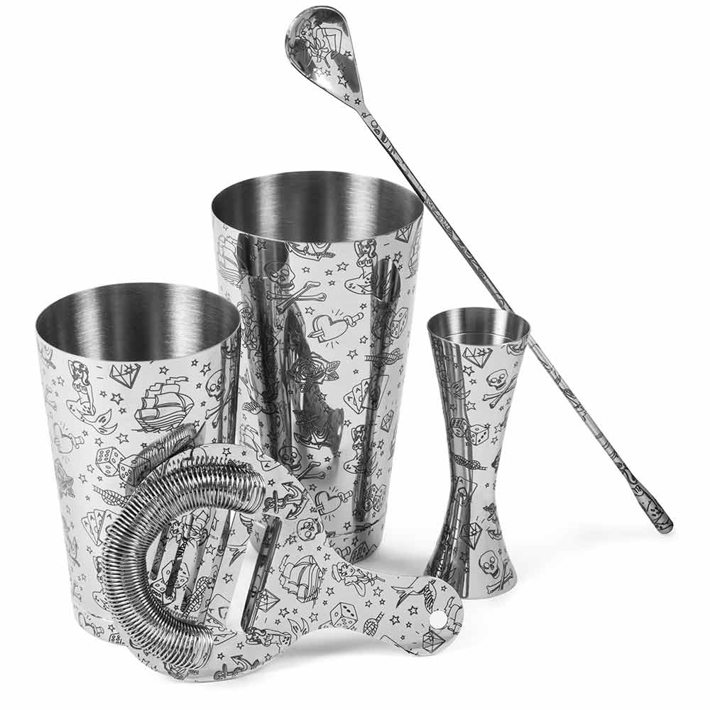 Tattoo Edelstahl 5-teiliges Cocktail-Set, Zinn-auf-Zinn-Shaker, Messbecher, Löffel und Sieb