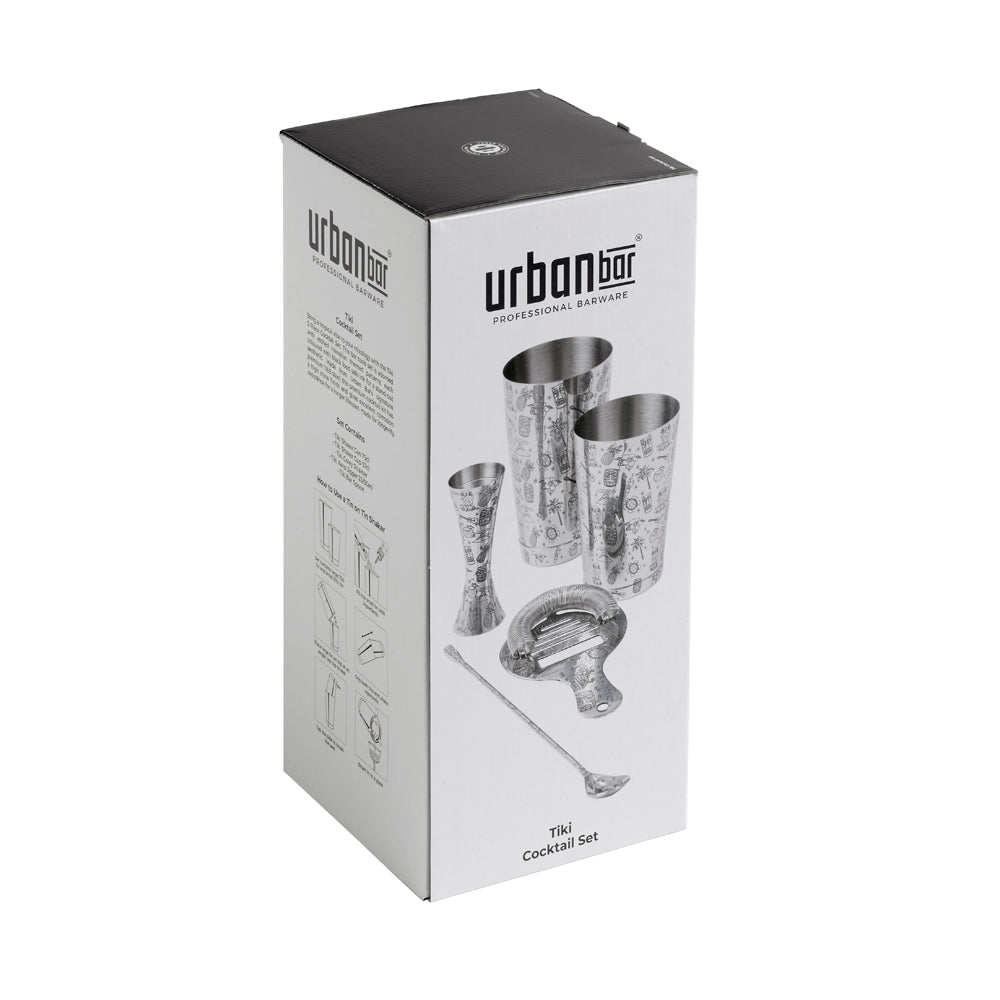 Juego de Coctel Tiki de 5 piezas de Acero Inoxidable con Coctelera Tin on Tin, Medidor, Cuchara y Colador