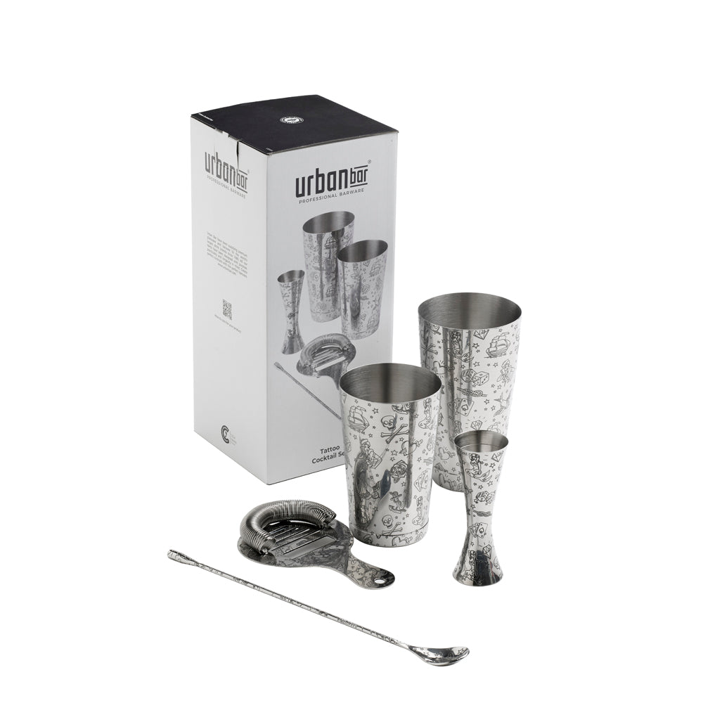 Tattoo Edelstahl 5-teiliges Cocktail-Set, Zinn-auf-Zinn-Shaker, Messbecher, Löffel und Sieb