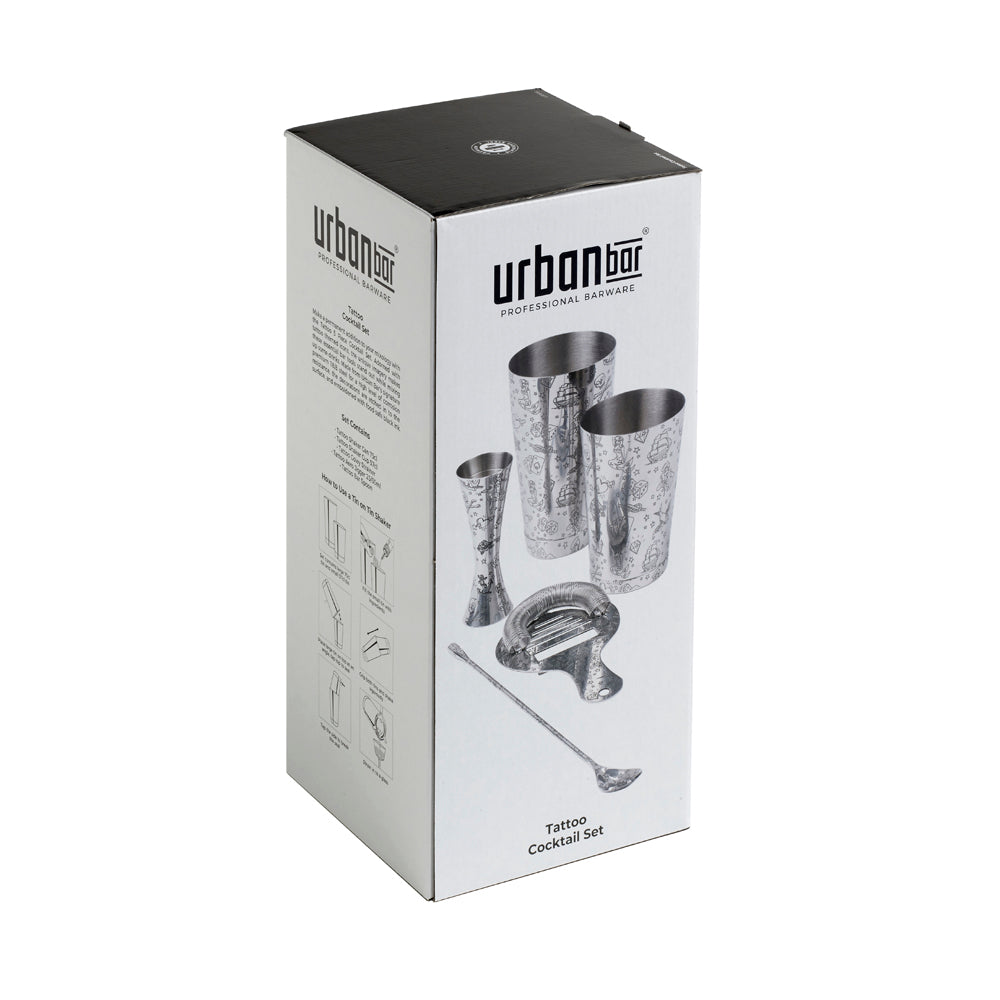 Juego de Cóctel de 5 Piezas de Acero Inoxidable Tattoo: Coctelera Tin on Tin, Medidor, Cuchara y Colador de Hojalata